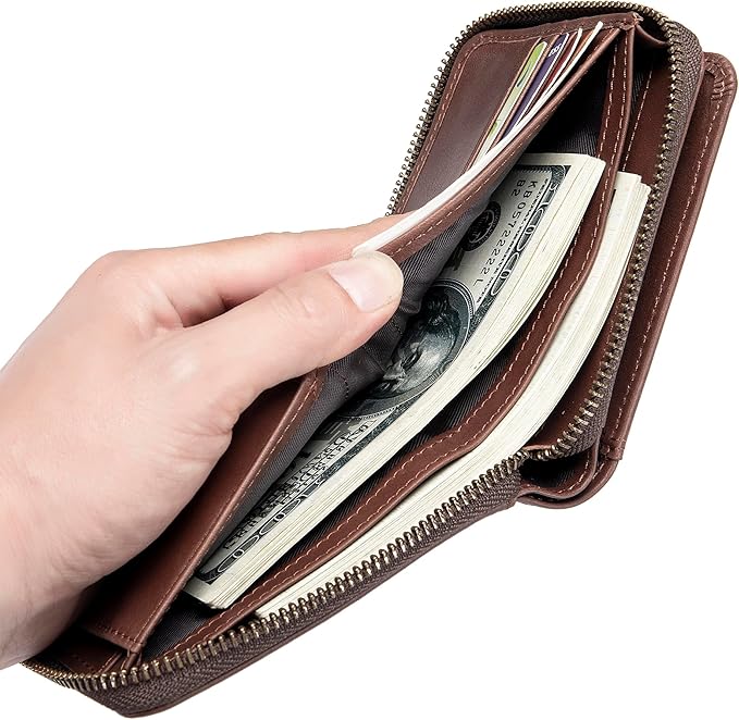LUKZIJAES Genuine Leather Men's Wallets RFID Blocking Large Capacity Credit Card Vintage Wallet for Men with Coin Pocket Zipper ID Window (#9-Coffee)