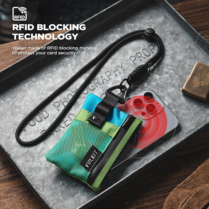 VULKIT Small Minimalist Wallet for Women and Men RFID Blocking, Zipper Coin Pouch with ID Window and Keychain, Water Resistant Travel Lanyard Wallet Green Blue