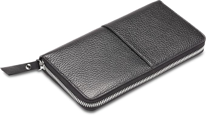 Bosca Womens Wallet - Slim Italian Leather Zip 8" Wallet For Women, Handmade in Italy - 12 Card Pockets, 2 Bill/Phone Pockets, Zipper Coin Pocket, Black