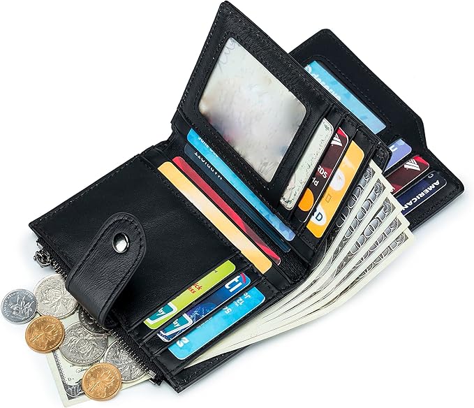 LUKZIJAES Genuine Leather Wallet for Men Vertical Model Large Capacity Card Case Purse Mens Vintage RFID Blocking with Zipper ID Window Coin Pocket (#6-Black)