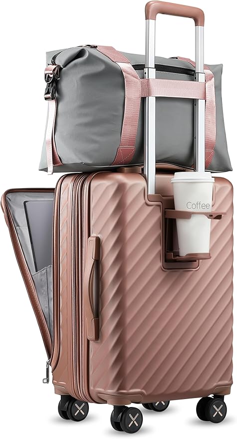 LUGGEX Carry On Luggage with Compartment and Cup Holder, Expandable PC Hard Shell Suitcase with Front Pocket (Rose Gold, 2-Piece (20/Tote))