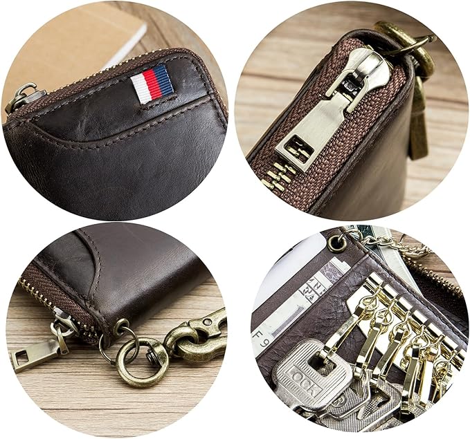 Men's Zipper Key Organizer Rfid Wallet with 6 Hooks Leather Key Holder Case (Dark brown)