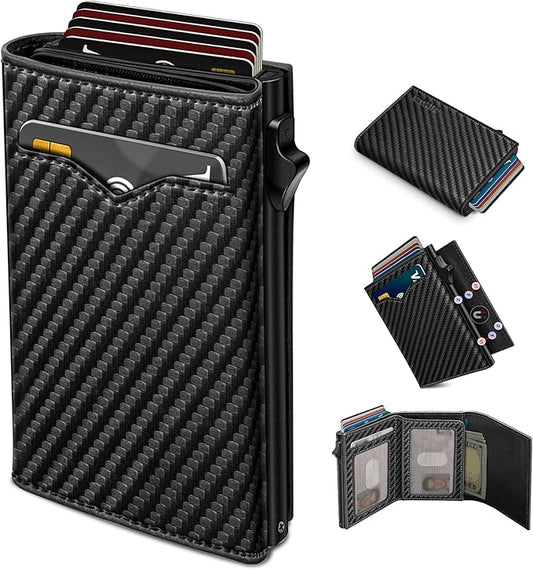 miyozi Wallet for Men,with Cash Pocket 2 ID Window 9-13 Cards,Metal Case Smart Slim Pop Up Credit Card Holder Flip with Magnetic Closure RFID Blocking Trifold wallet with Gift Box