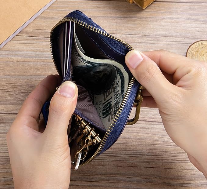 Men's Zipper Key Organizer Rfid Wallet with 6 Hooks Leather Key Holder Case (Blue)