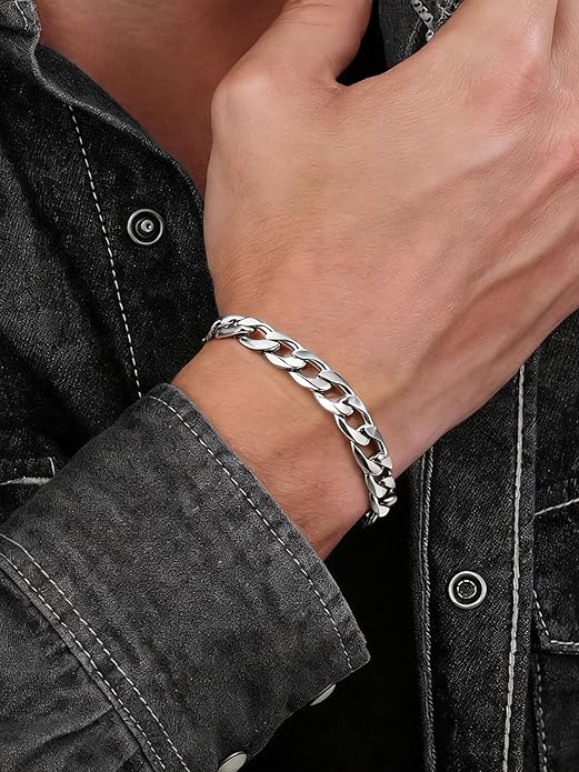 ChainsPro Men Sturdy Figaro/Cuban Chain Bracelet, 6/9/13mm Width, 7.48/8.26inch Length, 316L Stainless Steel/18K Gold Tone/Black- Send Gift Box