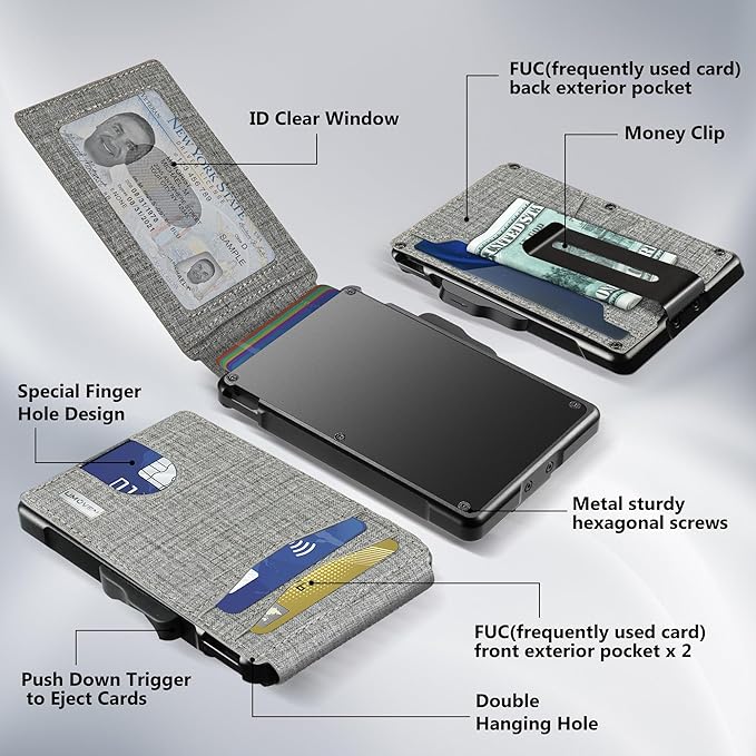 umoven Wallet for Men - with Money Clip Slim Leather Slots Credit Card Holder RFID Blocking Bifold Minimalist Wallet (Gray Fabric)