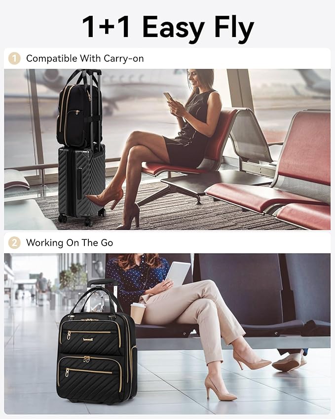 LUGGEX Underseat Carry On Luggage with Wheels, Stylish Lightweight Under Seat Luggage, Soft Sided Personal Item Suitcase for Short Trip (Black, 16 Inch)