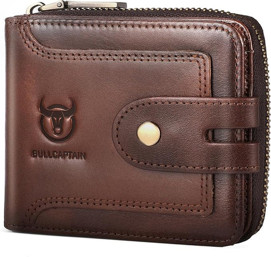 LUKZIJAES Genuine Leather Wallet for Men RFID Blocking Large Capacity Credit Card Vintage Men's wallet Zipper ID Window Coin Pocket (#8-Coffee)