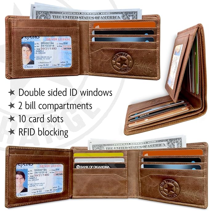 MID WEST RANGE Patriotic Biker Bifold Wallet with Chain for Men – Distressed Brown Leather, RFID-Blocking with 10 Card Slots, Flip-Out ID Holder, Embossed American Flag and Motorcycle Design