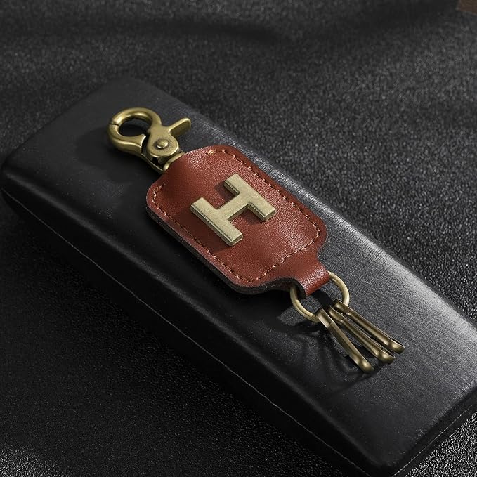 XGALBLA Initial Letter Brown Leather Alphabet Keychain with Easy Clasp, Key Car Bag Key Ring for Women & Men