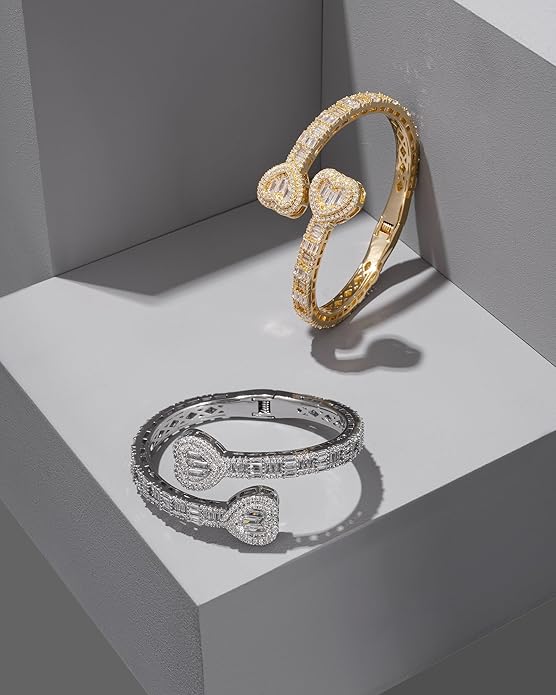 Lulu Mel Iced Out Baguette Diamond Bracelet Jewelry for Women, Hip Hop Mens 14k Gold Silver Plated Cubic Zirconia Bangle Bracelet, Men Heart Cuff Bracelet With Jewelry Box