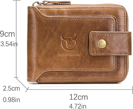 LUKZIJAES Genuine Leather Wallet for Men RFID Blocking Large Capacity Card Case with Zipper ID Window Coin Pocket (#2-Yellow Brown)