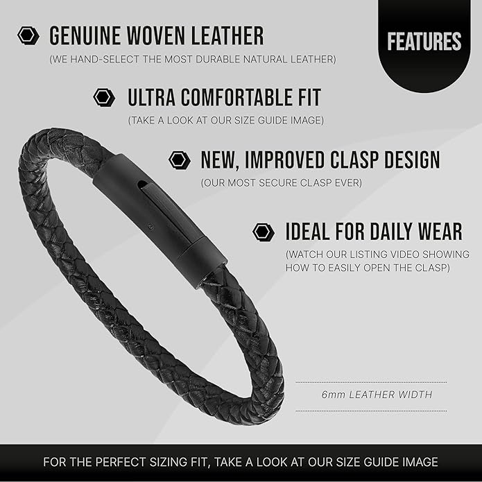 LUXAR Men’s Genuine Leather Bracelet | Interwoven Black Leather Bracelets with Brush Stainless Steel Clasp | Minimalist, Designer Jewelry for Men