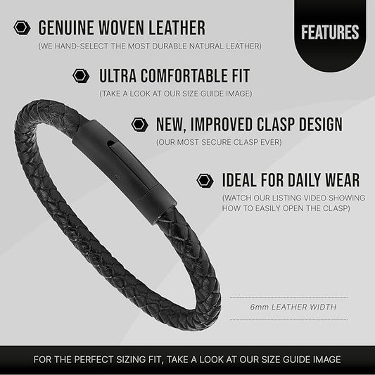 LUXAR Men’s Genuine Leather Bracelet | Interwoven Black Leather Bracelets with Brush Stainless Steel Clasp | Minimalist, Designer Jewelry for Men