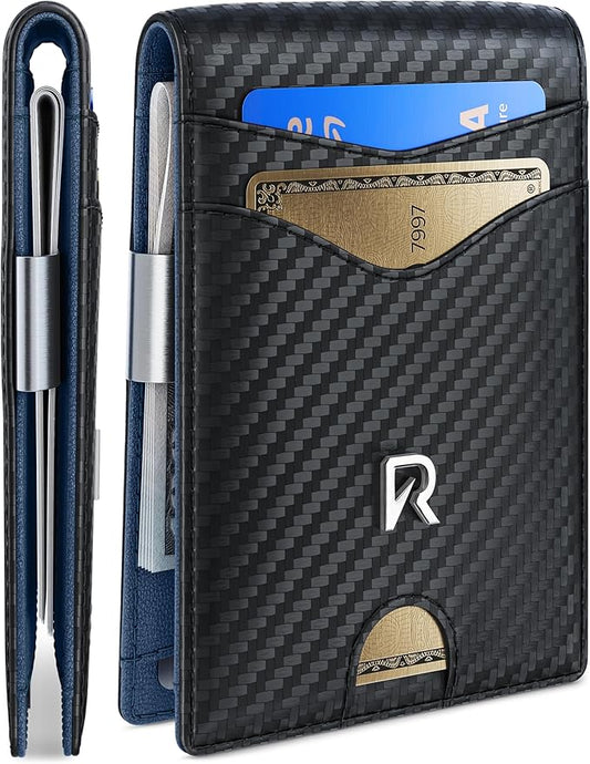 Slim Wallet for Men with Money Clip, RFID Blocking Genuine Leather Mens Wallet, Minimalist Credit Card Holder, Front Pocket Bifold - Gift Box Included