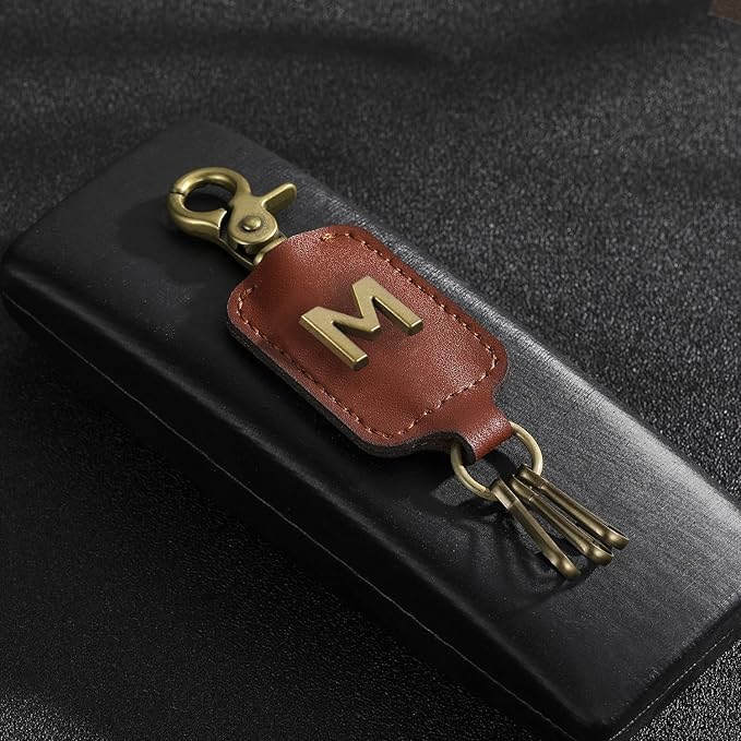 XGALBLA Initial Letter Brown Leather Alphabet Keychain with Easy Clasp, Key Car Bag Key Ring for Women & Men