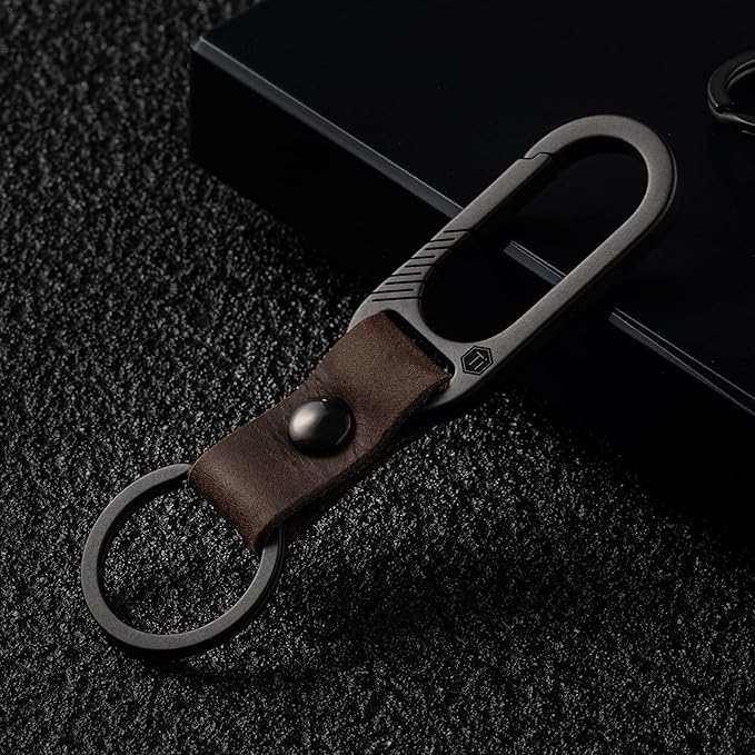 KeyUnity KM02 Titanium Belt Clip Carabiner Leather Keychain Holder with Removable Stainless Steel Key Ring