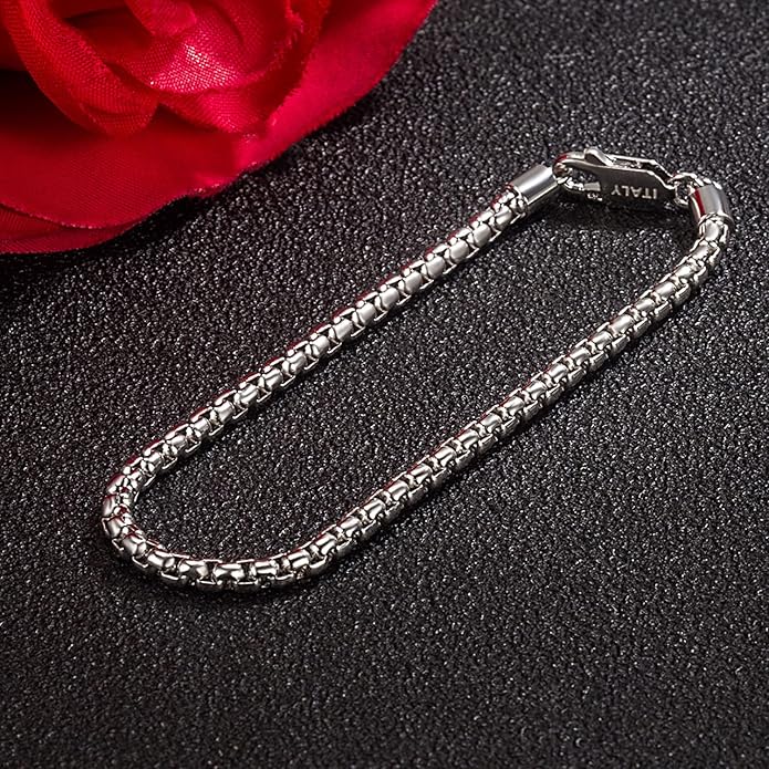 H&Beautimer Solid 925 Sterling Silver - Classic Men's 3MM Box Chain Bracelet - Original Silver Party Jewelry Bracelet 6.3-6.7-7-7.5-8-8.5-9'' - Handmade in Italy