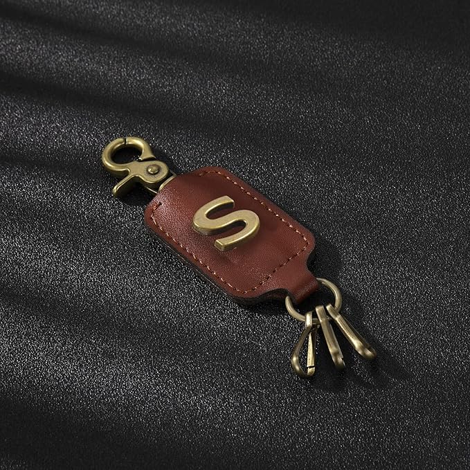 XGALBLA Initial Letter Brown Leather Alphabet Keychain with Easy Clasp, Key Car Bag Key Ring for Women & Men