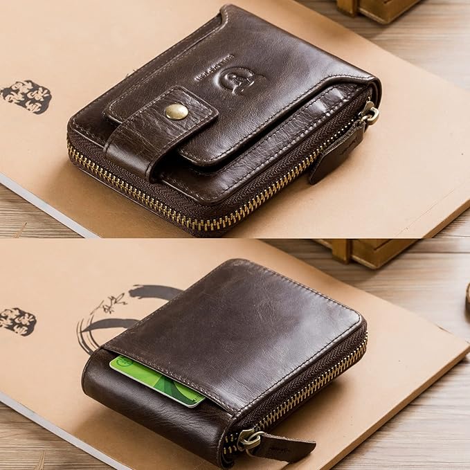 LUKZIJAES Genuine Leather Wallet for Men RFID Blocking Large Capacity Card Case with Zipper ID Window Coin Pocket (#2-Coffee)