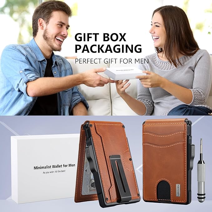 umoven Wallet for Men - with Money Clip Slim Leather Slots Credit Card Holder RFID Blocking Bifold Minimalist Wallet (Top Layer Leather-Sienna Brown)