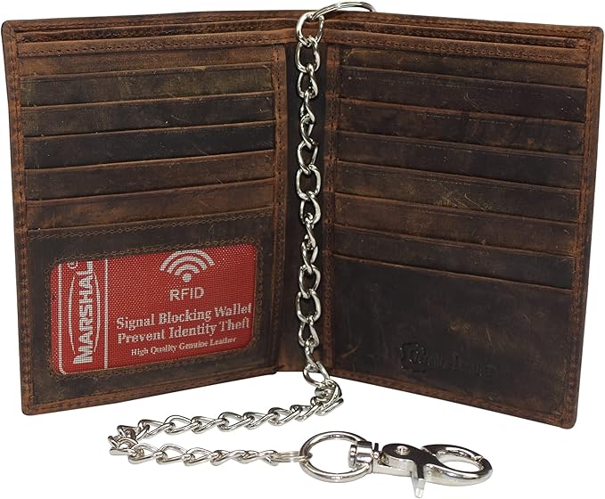 RFID Blocking Bifold Hipster Credit Card Wallet Premium Lambskin Leather (Vintage Brown With Chain)