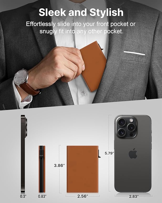 typecase Mens Wallet Card Holder: Pop Up Aluminum Case, Premium Genuine Leather, Smart, RFID Blocking, Slim, Minimalist, Front Pocket - 9-14 Card Capacity | ID Window | Cash Slot - Jet Brown