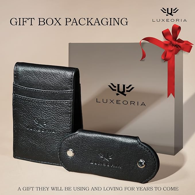 LUXEORIA Full Grain Genuine Leather Moneyclip Wallet for Men, Handcrafted Travel Wallet, Slim Mens Wallet, RFID Wallet for Men - Card Holder, 10 Card Slots - Black