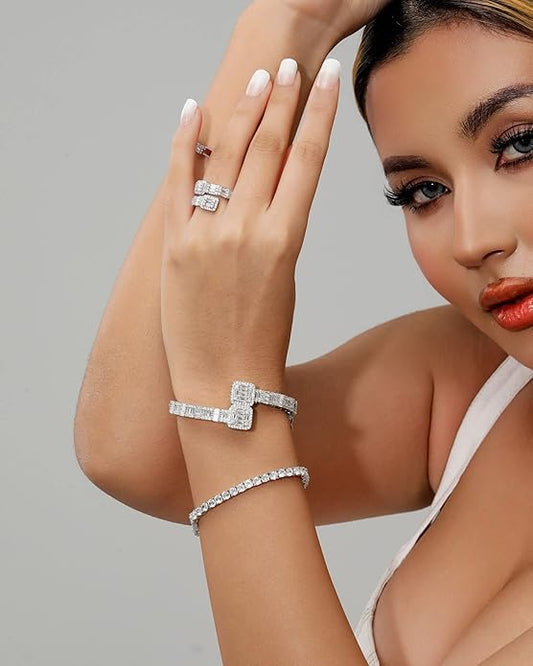 Lulu Mel Iced Out Baguette Diamond Bracelet Jewelry for Women, Hip Hop Mens 14k Gold Silver Plated Cubic Zirconia Bangle Bracelet, Men Heart Cuff Bracelet With Jewelry Box