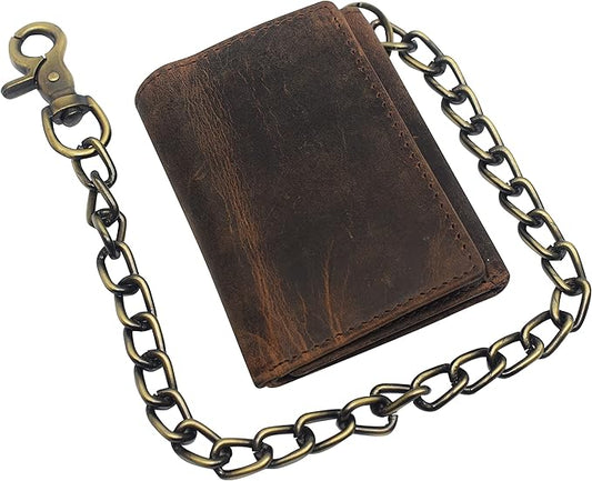 Men's RFID Blocking Trifold Vintage Leather Biker Chain Wallet With Snap Closure