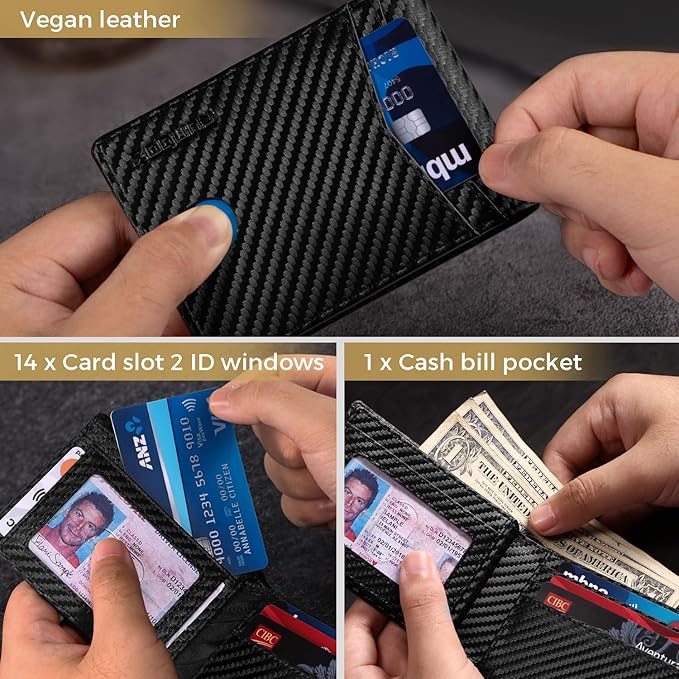 RUNBOX Wallet for Men Bifold RFID Blocking Wallets with 2 ID Window 14 Card Holders 1 cash pocket 1 Gift Box