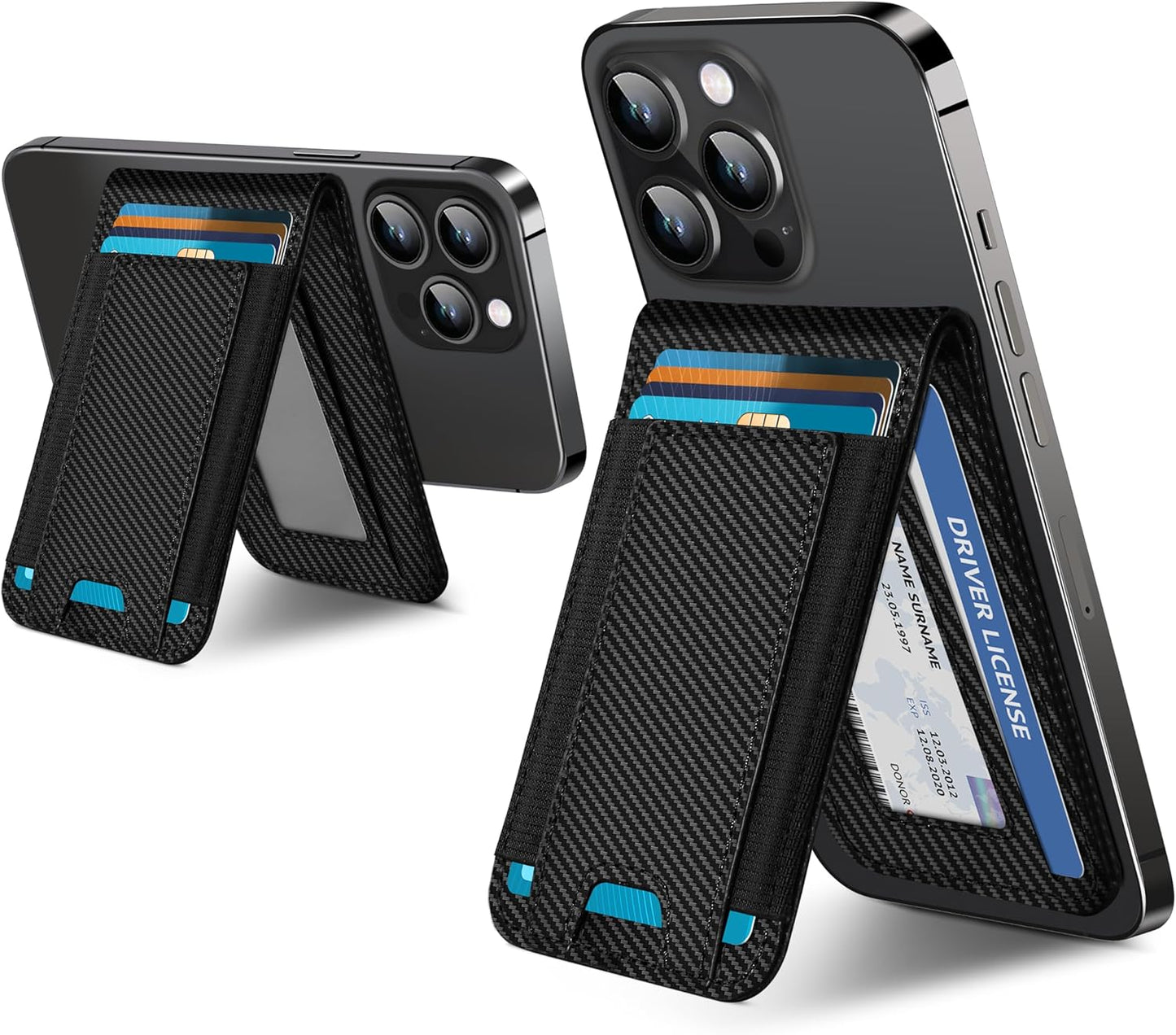 ExtreLife 2-in-1 Magsafe Wallet, Adjustable Stand and Open ID Window, Magnetic Wallet for iPhone 17/16/15/14 Pro Max/14 Pro/14/14 Plus/13/12 Series, 9 Cards, Black Carbon Fiber