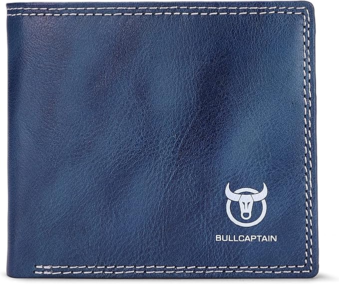 LUKZIJAES Genuine Leather Wallet for Men RFID Blocking Slim Bifold Front Pocket Wallets with 2 ID Window (#3-Blue)