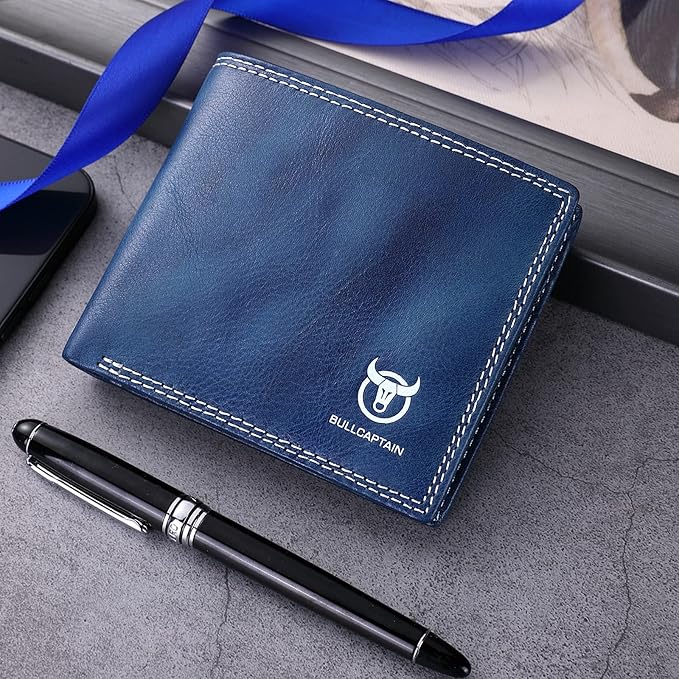 LUKZIJAES Genuine Leather Wallet for Men RFID Blocking Slim Bifold Front Pocket Wallets with 2 ID Window (#3-Blue)