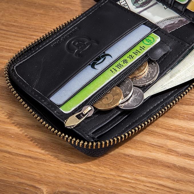 LUKZIJAES Genuine Leather Wallet for Men RFID Blocking Large Capacity Card Case with Zipper ID Window Coin Pocket (#2-Black)