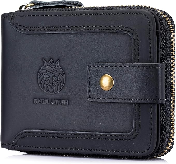 LUKZIJAES Genuine Leather Men's Wallets RFID Blocking Large Capacity Credit Card Vintage Wallet for Men with Coin Pocket Zipper ID Window (#9-Black)