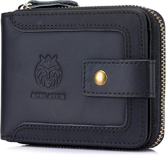 LUKZIJAES Genuine Leather Men's Wallets RFID Blocking Large Capacity Credit Card Vintage Wallet for Men with Coin Pocket Zipper ID Window (#9-Black)
