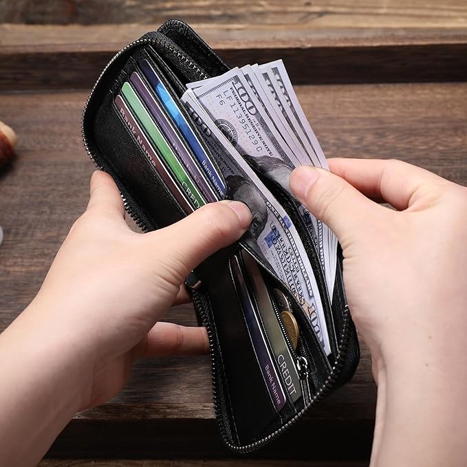 LUKZIJAES Genuine Leather Wallet for Men RFID Blocking Large Capacity Credit Card Vintage Men's wallet Zipper ID Window Coin Pocket (#8-Black)