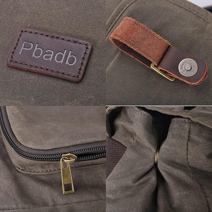 Waterproof Waxed Canvas Backpack for Men Travel Rucksack Leather Trimming (Green)