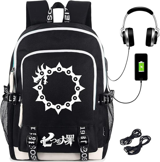 Roffatide Anime The Seven Deadly Sins Luminous Backpack Printed Schoolbag Laptop Rucksack with USB Charging Port & Headphone Port Black