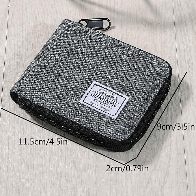 JEMINAL Zipper Short Wallet for Men: Boys & Girls Travel Bifold Fabric Canvas Wallet with Card Case - Women' Large Capacity Zip Wallet with Coin Purse Grey