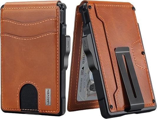 umoven Wallet for Men - with Money Clip Slim Leather Slots Credit Card Holder RFID Blocking Bifold Minimalist Wallet (Top Layer Leather-Sienna Brown)