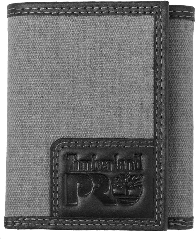 Timberland PRO Men's Canvas Leather RFID Trifold Wallet with Zippered Pockets