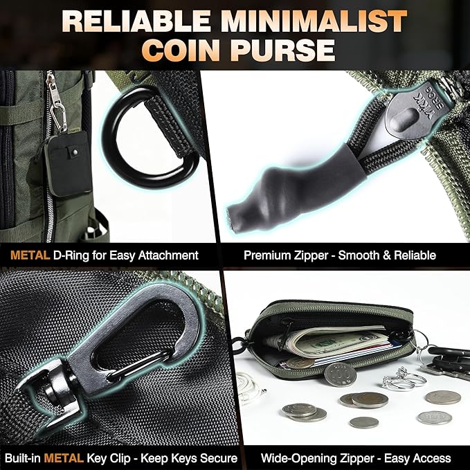 Clonwtci RFID Blocking Coin Purse for Men, 500D Nylon EDC Wallet Pouch with Zipper Pocket, ID Window, Key Clip, Organizer for Cards, Cash & Essentials