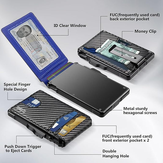 umoven Wallet for Men - with Money Clip Slim Leather Slots Credit Card Holder RFID Blocking Bifold Minimalist Wallet (Carbon Black and Blue)