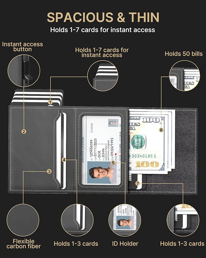typecase Mens Wallet Card Holder: Pop Up Aluminum Case, Carbon Fiber Leather, Smart, RFID Blocking, Slim, Minimalist, Front Pocket - 9-14 Card Capacity | ID Window | Cash Slot(Grey)