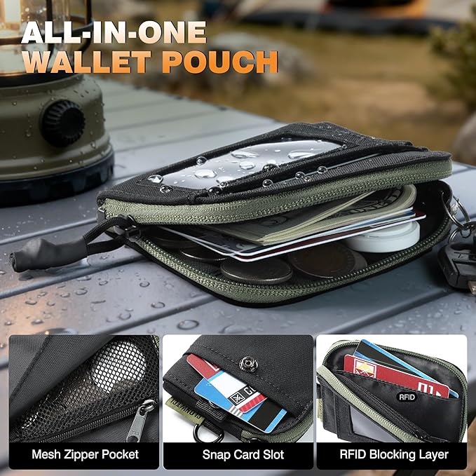Clonwtci RFID Blocking Coin Purse for Men, 500D Nylon EDC Wallet Pouch with Zipper Pocket, ID Window, Key Clip, Organizer for Cards, Cash & Essentials