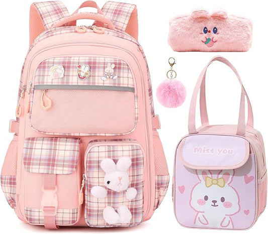 Girl Backpack for School Kids, Pink Cute Bookbag with Lunch Box Rainbow Elementary School Bag Pencil Case (Pink,3Pcs Set)