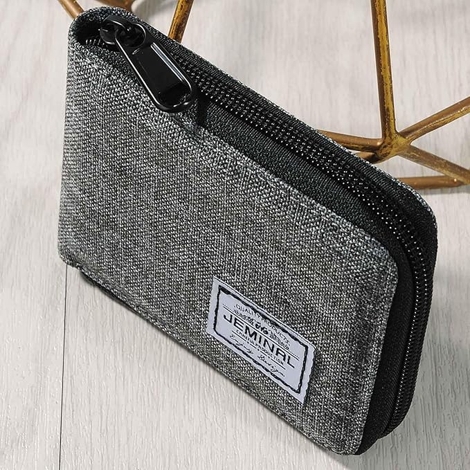 JEMINAL Zipper Short Wallet for Men: Boys & Girls Travel Bifold Fabric Canvas Wallet with Card Case - Women' Large Capacity Zip Wallet with Coin Purse Grey