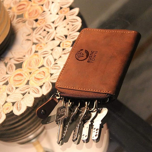 RUSTIC TOWN Leather Key Holder Case - Zippered Key Organizer Wallet with 8 Hooks for Keys, Cash & Card - Gift for Men Women
